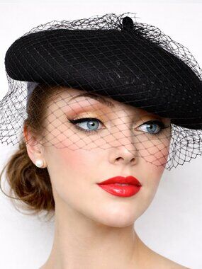 Black Wool Felt Beret w Veil Netting for Church Party Retro Style Hat - Hey Viv